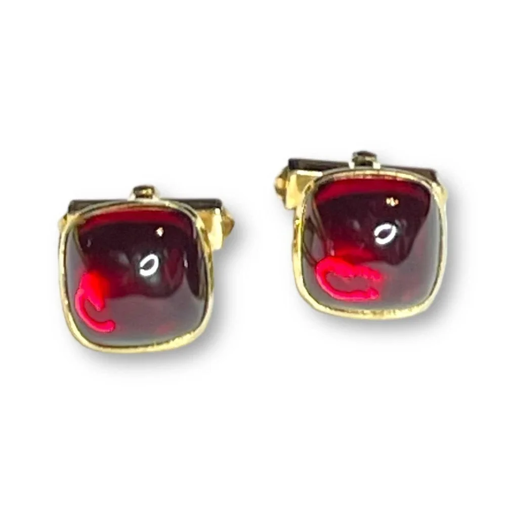 Anson Vintage Cufflinks Gold Tone Cherry Red Lucite
